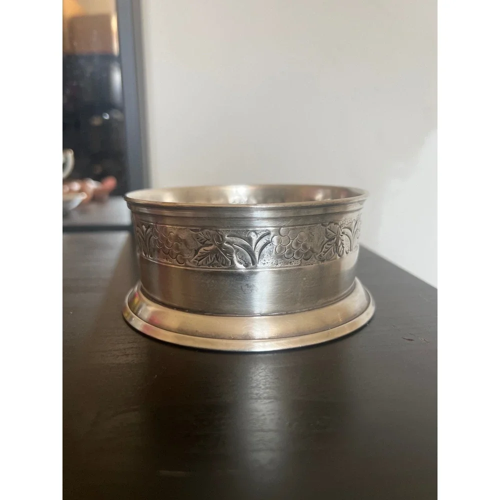 Pottery Barn Wine Bottle Coaster Pewter Grapevine Embossed Metal Decorative Bowl